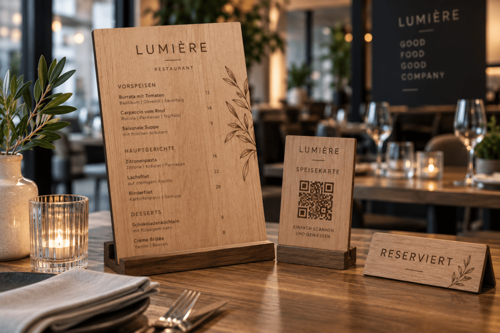 QR-Aufsteller, Preisschilder und Tischaufsteller aus graviertem Holz