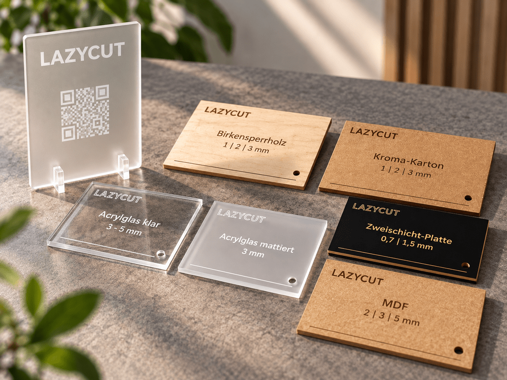 Materialmuster für Agenturen aus Acrylglas, Holz, MDF und Karton